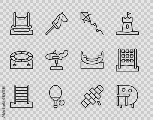 Set line Swedish wall, Kid playground slide pipe, Kite, Racket and ball, Bungee, Swing plane, Hopscotch and Tic tac toe game icon. Vector