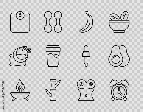 Set line Aroma candle, Alarm clock, Banana, Bamboo, Bathroom scales, Glass with water, Women waist and Avocado fruit icon. Vector