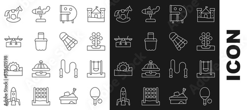 Set line Racket and ball, Swing, Ferris wheel, Kid playground slide pipe, Sand bucket, Seesaw, Horse saddle swing and Badminton shuttlecock icon. Vector
