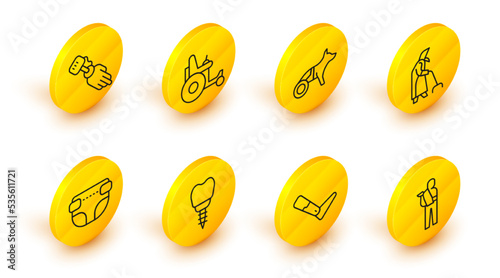 Set line Human broken arm, Prosthesis leg, Dental implant, Adult diaper, Grandmother, Dog in wheelchair, Electric and hand icon. Vector
