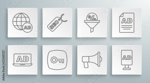 Set line Advertising, SEO optimization, Key, Megaphone, Lead management, and icon. Vector