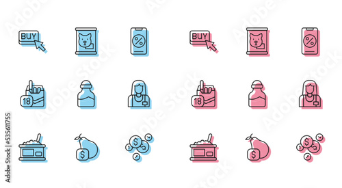 Set line Tin can with caviar, Price tag for pear, Buy button, Coin money dollar, Spice, Seller, Cigarettes pack box and Canned food icon. Vector