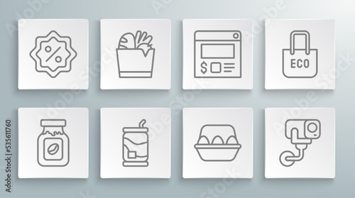 Set line Coffee jar bottle, Shopping bag and food, Soda can, Chicken egg box, Security camera, Online ordering delivery, with recycle and Discount percent tag icon. Vector