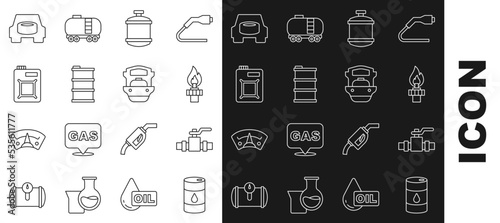 Set line Barrel oil, Metallic pipes and valve, Oil rig with fire, Propane gas tank, Canister for motor, Spare wheel in the car and tanker ship icon. Vector