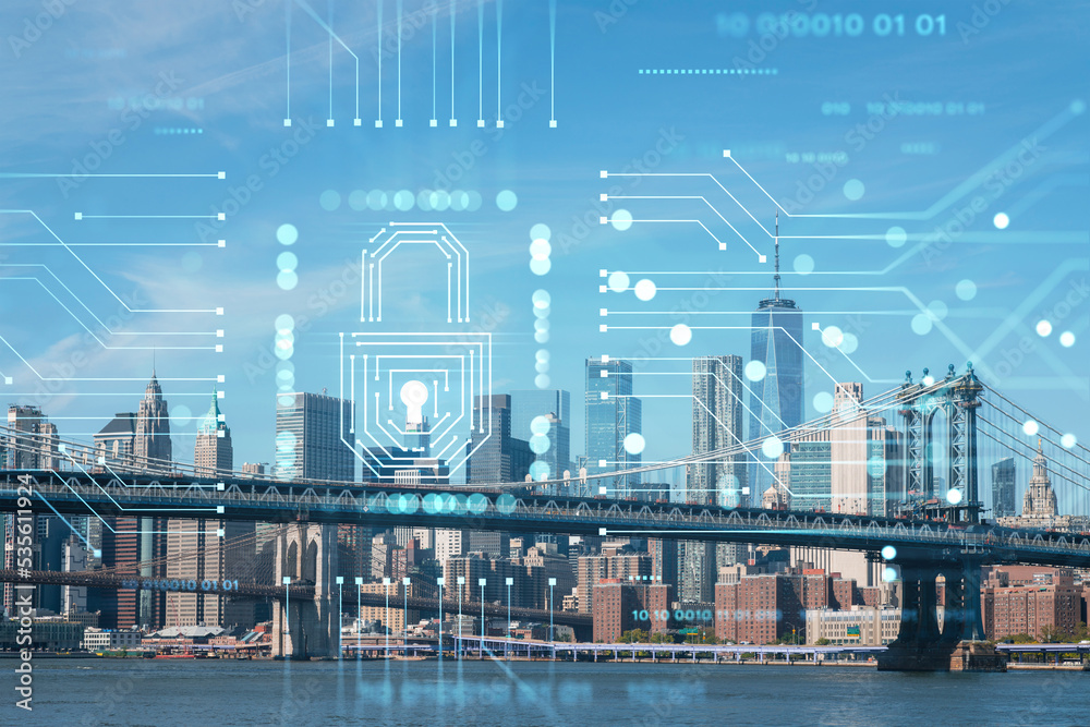 Brooklyn and Manhattan bridges with New York City financial downtown