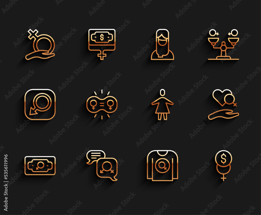 Set line Money growth woman, Gender equality, Female gender, Feminist shirt, Feminism finance, Heart with female and icon. Vector Set line Money growth woman, Gender equality, Female gender, Feminist shirt, Feminism finance, Heart with female and icon. Vector