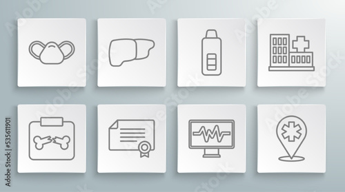 Set line X-ray shots with broken bone, Human organ liver, Certificate template, Monitor cardiogram, Location hospital, Digital thermometer, Hospital building and Medical protective mask icon. Vector