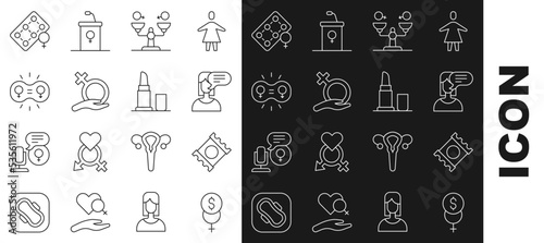 Set line Feminism finance, Condom package, Female opinion, Gender equality, gender, Packaging of birth control pills and Lipstick icon. Vector