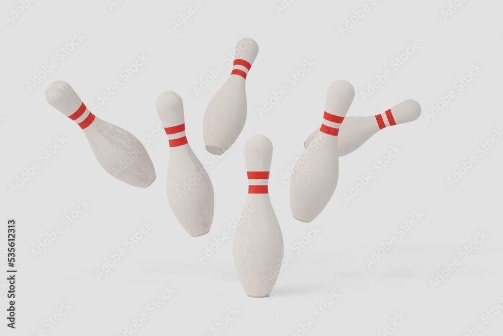 Skittles shatter on impact. An excellent template for creating a creative advertisement for a bowling alley. 3d rendering. Skittles shatter on impact. An excellent template for creating a creative advertisement for a bowling alley. 3d rendering.