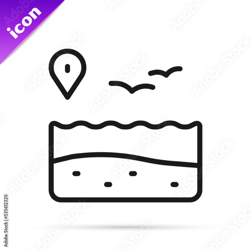 Black line Location with beach icon isolated on white background. Tropical beach landscape. Good sunny day. Vector