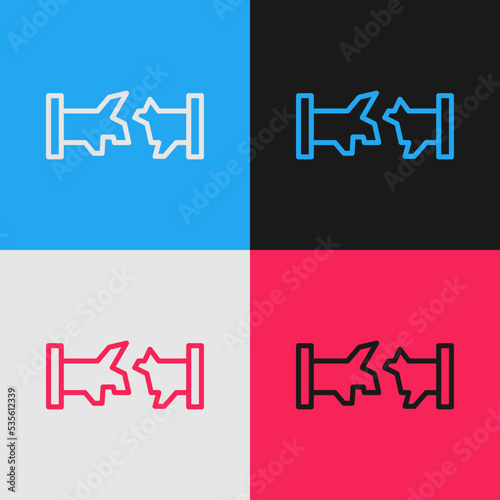 Pop art line Broken metal pipe with leaking water icon isolated on color background. Vector