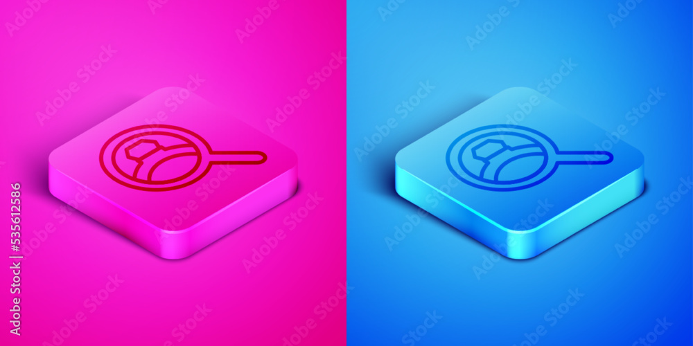 Isometric line Diamond engagement ring icon isolated on pink and blue background. Square button. Vector Isometric line Diamond engagement ring icon isolated on pink and blue background. Square button. Vector