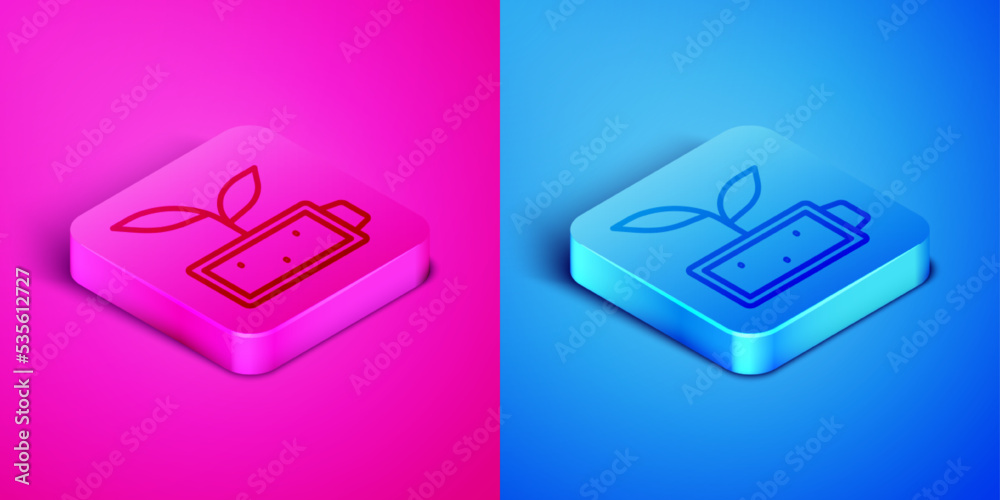 Isometric line Eco nature leaf and battery icon isolated on pink and blue background. Energy based on ecology saving concept. Square button. Vector Isometric line Eco nature leaf and battery icon isolated on pink and blue background. Energy based on ecology saving concept. Square button. Vector