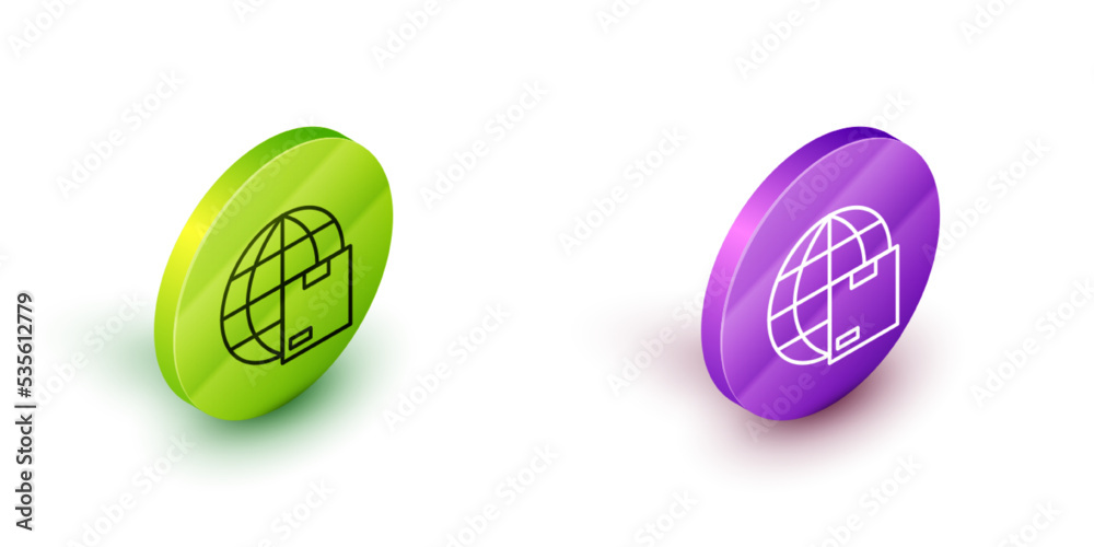Isometric line Worldwide shipping and cardboard box icon isolated on white background. Green and purple circle buttons. Vector Isometric line Worldwide shipping and cardboard box icon isolated on white background. Green and purple circle buttons. Vector