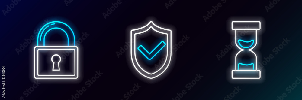 Set line Old hourglass with flowing sand, Lock and Shield check mark icon. Glowing neon. Vector Set line Old hourglass with flowing sand, Lock and Shield check mark icon. Glowing neon. Vector
