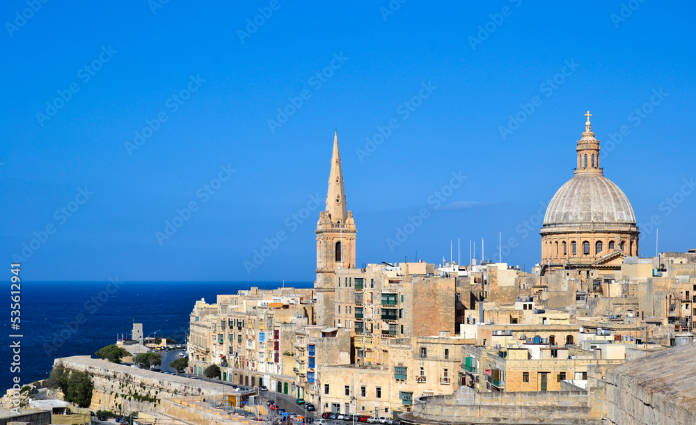 View of the dome of the Basilica of Our Lady of Mount Carmel and St. Paul's Pro-Cathedral in Malta's capital, Valletta