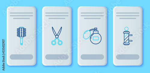 Set line Scissors hairdresser, Aftershave, Hairbrush and Classic Barber shop pole icon. Vector