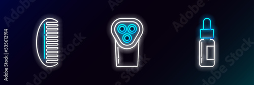 Set line Glass bottle with a pipette, Hairbrush and Electrical hair clipper or shaver icon. Glowing neon. Vector