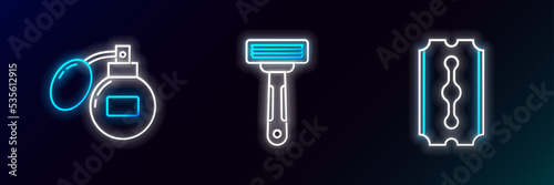 Set line Blade razor, Aftershave and Shaving icon. Glowing neon. Vector