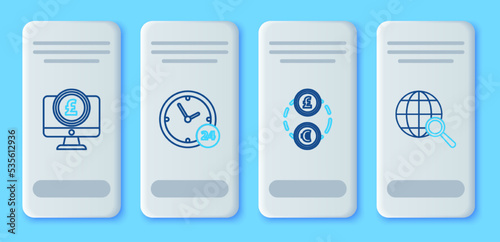 Set line Clock 24 hours, Money exchange, Computer monitor with pound sterling symbol and Magnifying glass globe icon. Vector