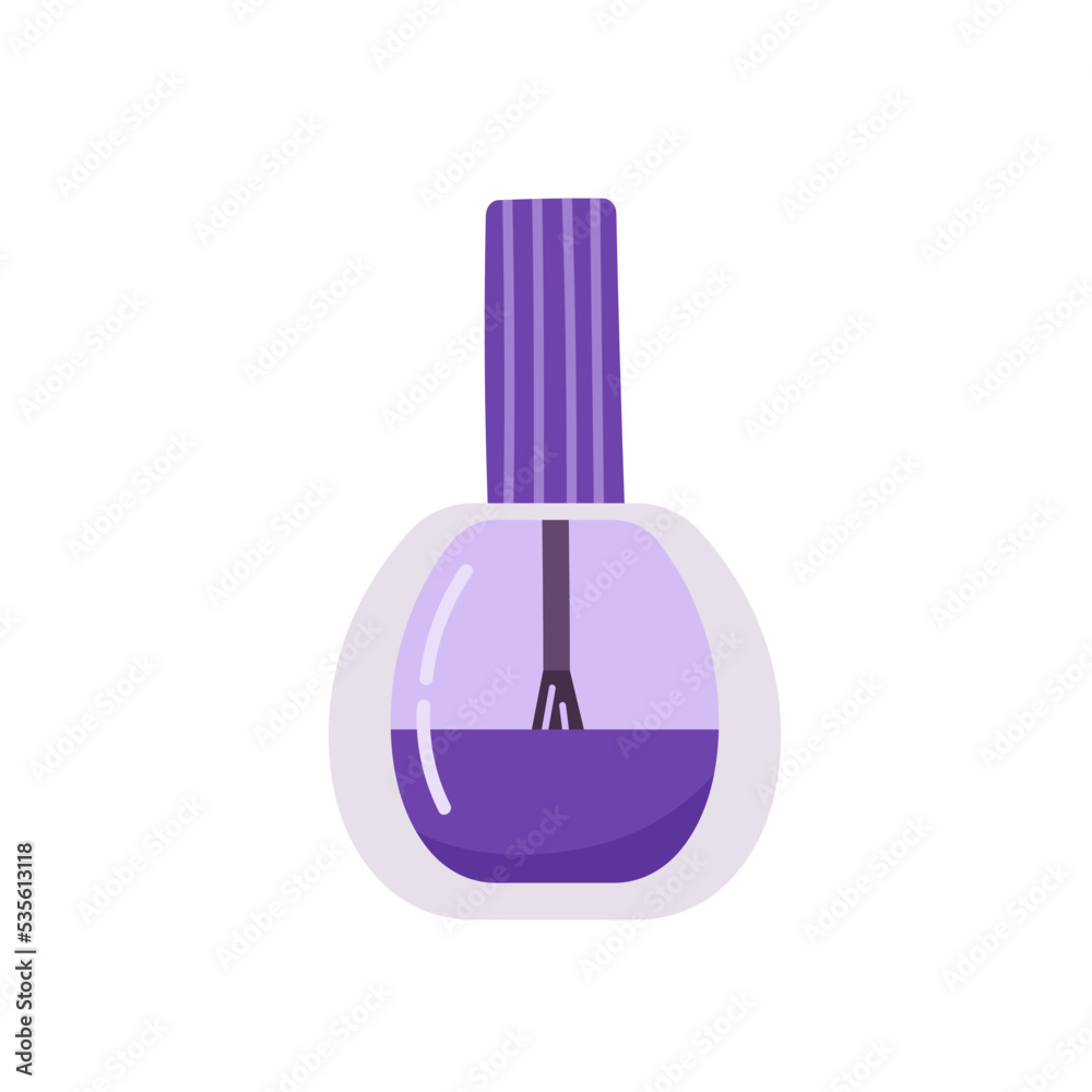 Nail polish in purple color. Glass box with brush. Hand drawn cosmetics product in cartoon style. Vector illustration isolated on white background. Nail polish in purple color. Glass box with brush. Hand drawn cosmetics product in cartoon style. Vector illustration isolated on white background.
