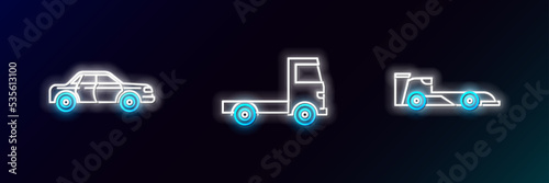 Free Download Set line Formula race car, Sedan and Delivery cargo truck vehicle icon. Glowing neon. Vector - GFXLoad