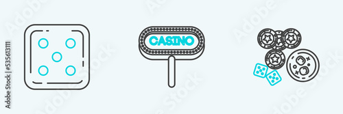 Set line Casino chips, game dice and glass of whiskey with ice cubes, Game and signboard icon. Vector