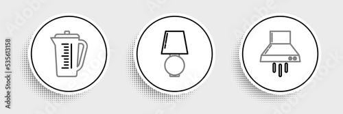 Set line Kitchen extractor fan, Measuring cup and Table lamp icon. Vector
