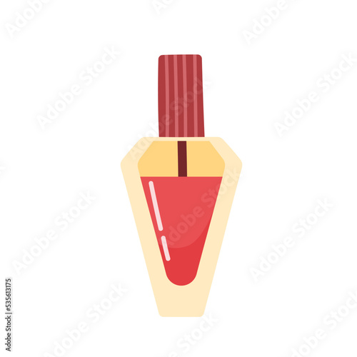 Nail polish in red color. Glass box with brush. Hand drawn cosmetics product in cartoon style. Vector illustration isolated on white background.