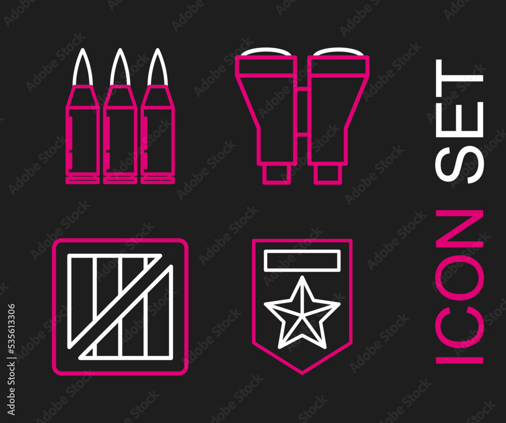 Set line Chevron, Military ammunition box, Binoculars and Bullet icon. Vector