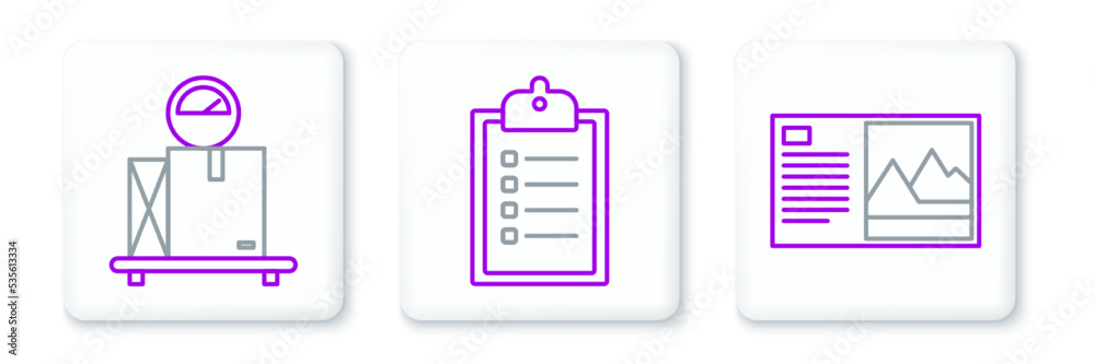 Set line Postcard, Scale with cardboard box and Verification of delivery list clipboard icon. Vector Set line Postcard, Scale with cardboard box and Verification of delivery list clipboard icon. Vector