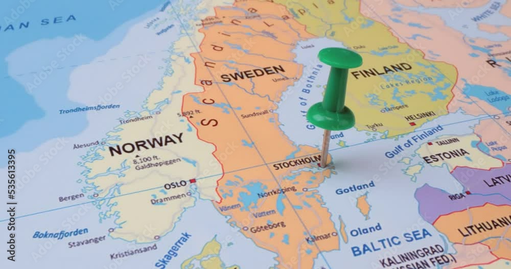 Sweden - Travel concept with green pushpin on the world map. The location point on the map points to Stockholm the capital of the Sweden. Sweden - Travel concept with green pushpin on the world map. The location point on the map points to Stockholm the capital of the Sweden.