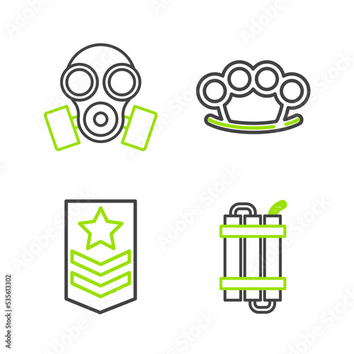 Set line Detonate dynamite bomb stick, Chevron, Brass knuckles and Gas mask icon. Vector