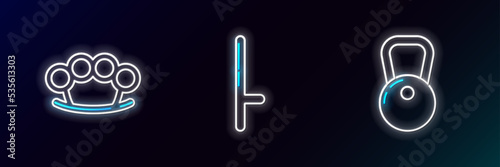 Set line Kettlebell, Brass knuckles and Police rubber baton icon. Glowing neon. Vector