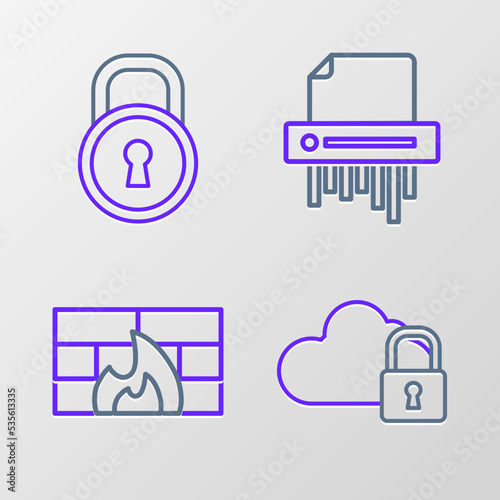 Set line Cloud computing lock, Firewall, security wall, Paper shredder confidential and Lock icon. Vector