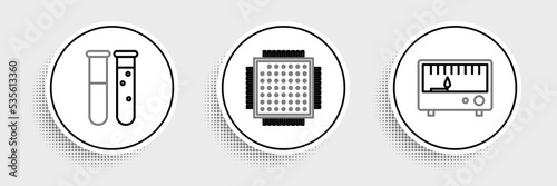Set line Electrical measuring instruments, Test tube and flask chemical laboratory and Processor icon. Vector