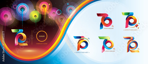 Set of 70th Anniversary Colorful logotype design, Seventy years celebration Logo. Abstract Twist Infinity multiple line Colorful