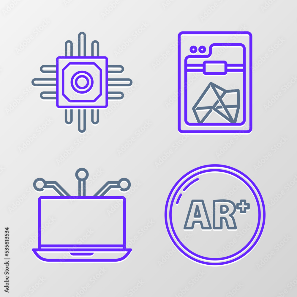 Set line Ar, augmented reality, Laptop, 3D printer and Processor icon. Vector Set line Ar, augmented reality, Laptop, 3D printer and Processor icon. Vector