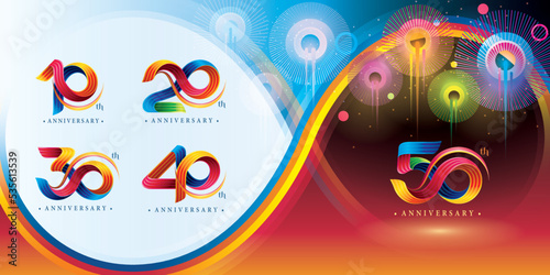 Set of 10 to 50 years Anniversary Colorful logotype design, 10,20,30,40,50 year, Abstract Twist Infinity Three line Colorful Curved.