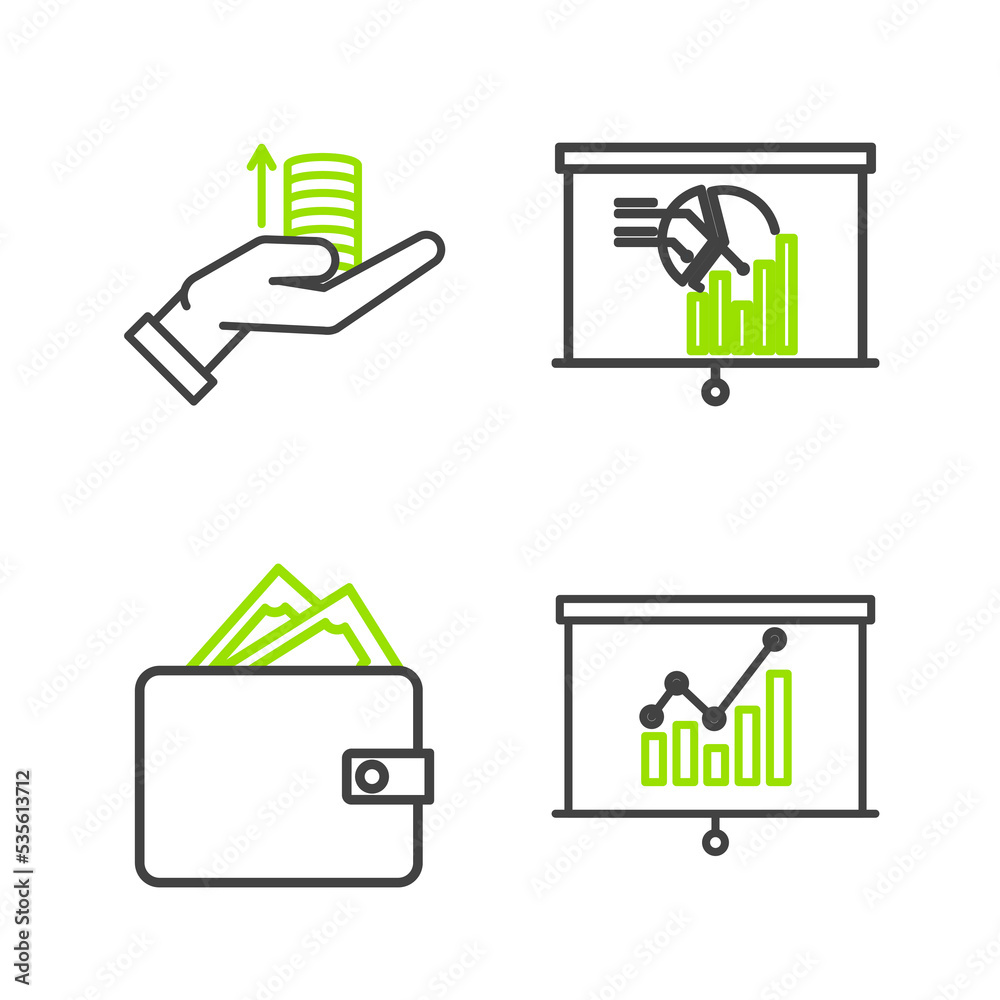 Set line Board with graph chart, Wallet stacks paper money cash, and Money hand icon. Vector Set line Board with graph chart, Wallet stacks paper money cash, and Money hand icon. Vector