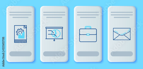 Set line Board with graph chart, Briefcase, Document and Envelope icon. Vector