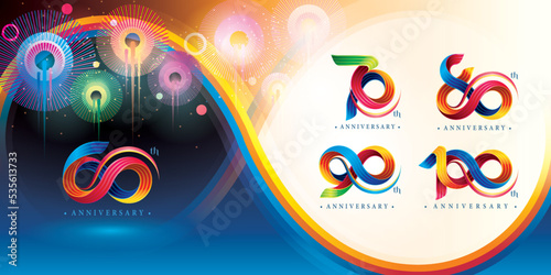 Set of 60 to 100 years Anniversary Colorful logotype design, 60;70;80;90;100 year, Abstract Twist Infinity Three line Colorful Curved.