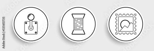 Set line Picture landscape, Joystick for arcade machine and Sewing thread on spool icon. Vector