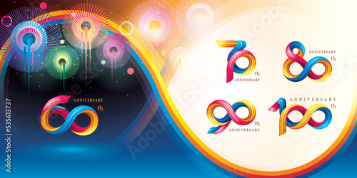 Set of 60 to 100 years Anniversary Colorful logotype design, 60;70;80;90;100 year, Abstract Twist Infinity multiple line Colorful.