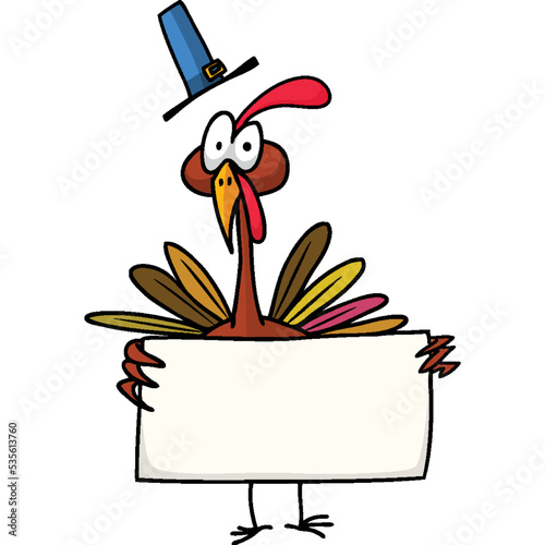 Vector Cartoon Thanksgiving turkey with blank scroll with blank space for text. Vector illustration. Isolated on the white background. Design element for postcard