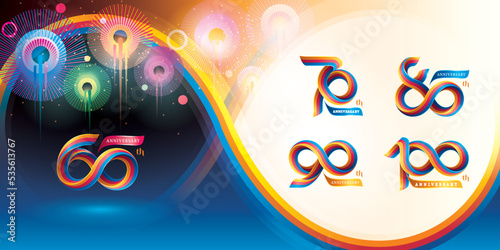 Set of 60 to 100 years Anniversary Colorful logotype design, 60;70;80;90;100 year, Abstract Twist Infinity multiple line Rainbow Ribbon.