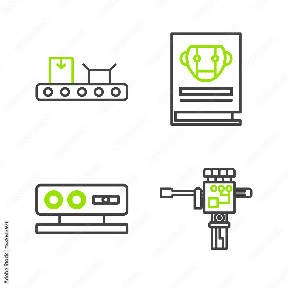 Set line Mechanical robot hand and screwdriver, 3d scanning system, User manual and Conveyor belt with cardboard box icon. Vector Set line Mechanical robot hand and screwdriver, 3d scanning system, User manual and Conveyor belt with cardboard box icon. Vector
