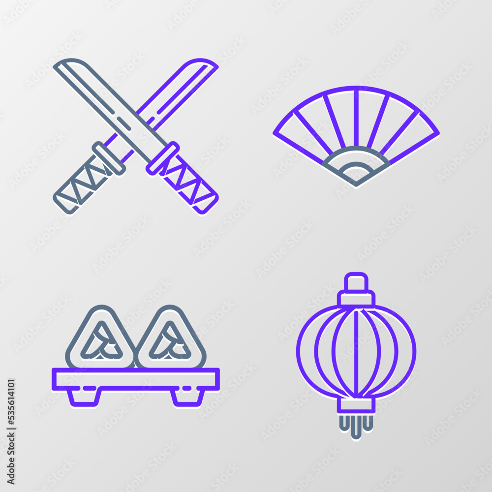 Set line Japanese paper lantern, Sushi on cutting board, Paper chinese or japanese folding fan and Traditional katana icon. Vector