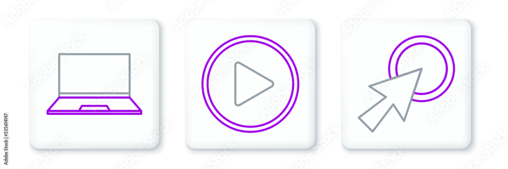 Set line Arrow cursor, Laptop and Play in circle icon. Vector Set line Arrow cursor, Laptop and Play in circle icon. Vector