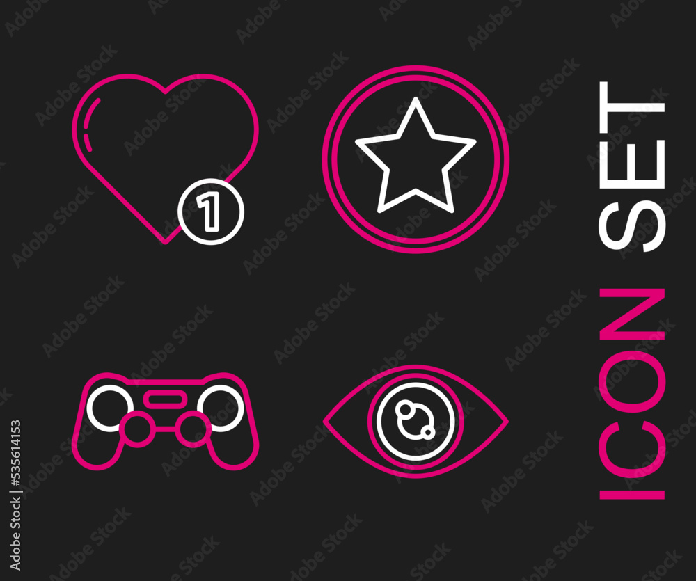 Set line Eye, Gamepad, Star and Like and heart icon. Vector Set line Eye, Gamepad, Star and Like and heart icon. Vector